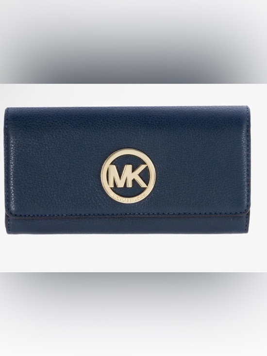 MICHAEL Michael Kors Handbags - Michael Kors Fulton Carryall Leather Flap Wallet Navy Gold Logo NWT